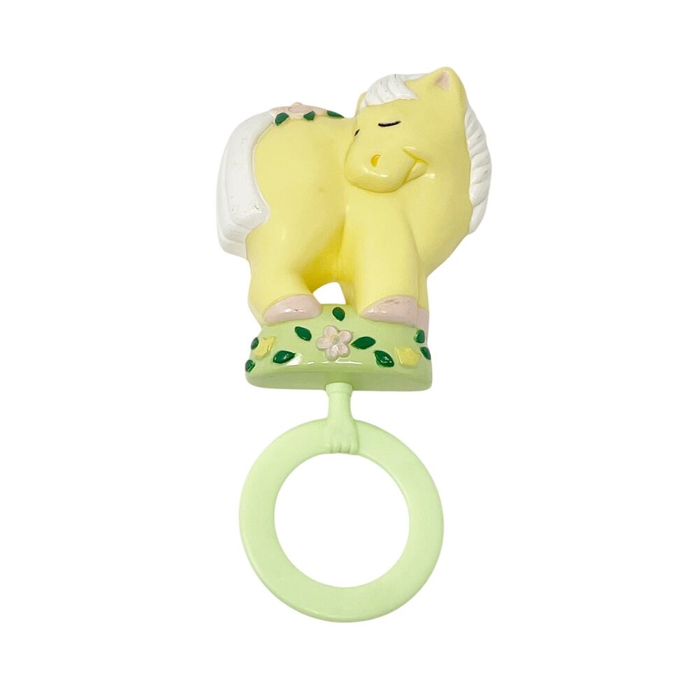 Vintage Yellow Pony Horse Baby Rattle Plastic Handle 6 Inch Shy Smiling Green